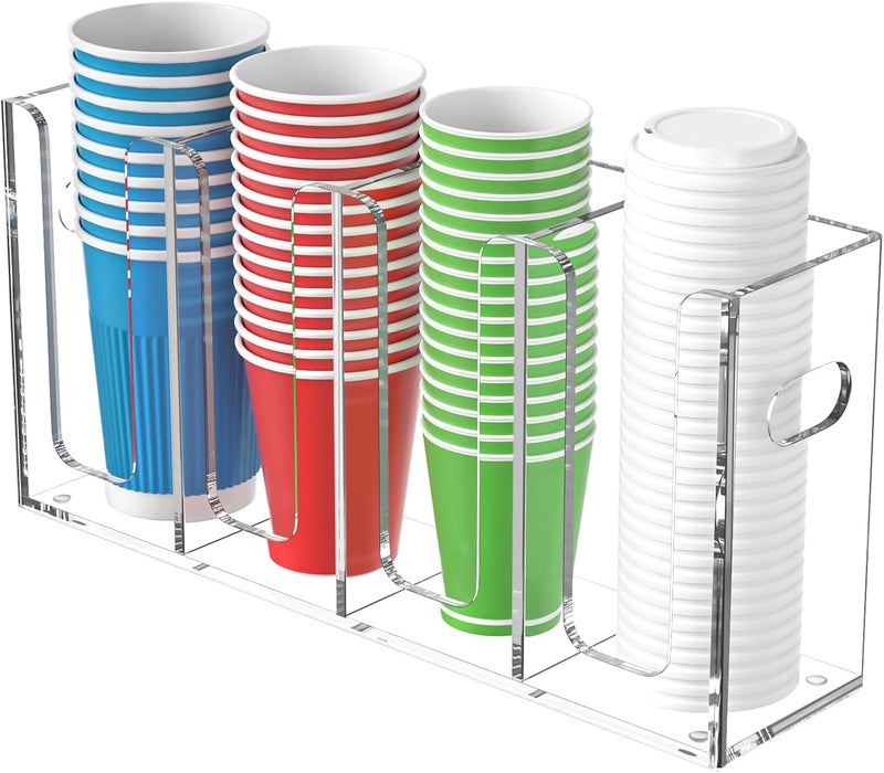 WINFFOR Disposable Cup Organizer Dispenser - 4 Compartments Clear Acrylic Cup and Lid Holder with Handles Plastic Cup Dispenser Countertop Paper Cup Holder for Coffee Bar House Party Essentials - Image 1